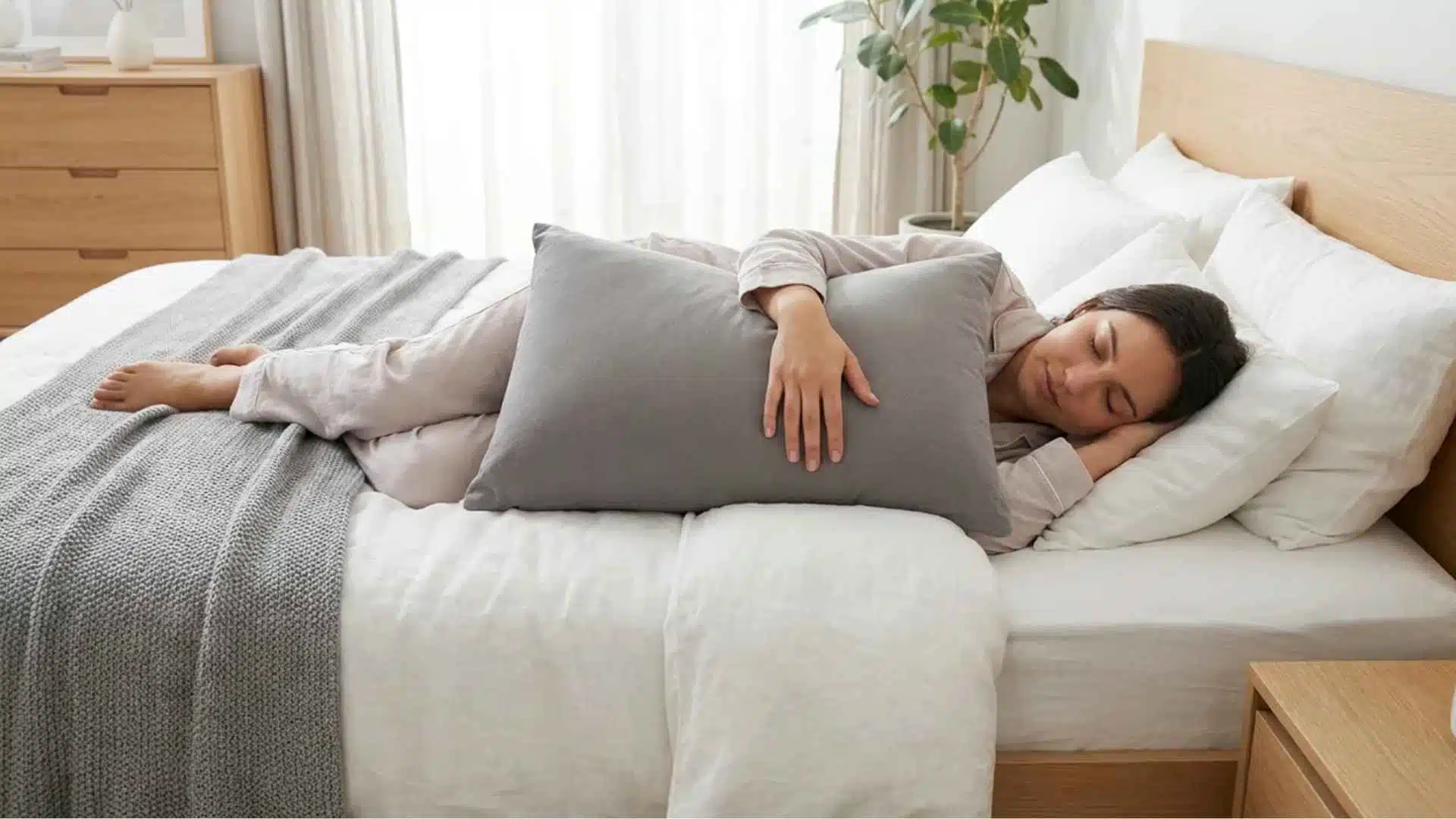 Sleeping while hugging pillow supporting arm and shoulder alignment to reduce nighttime pain and improve comfort.