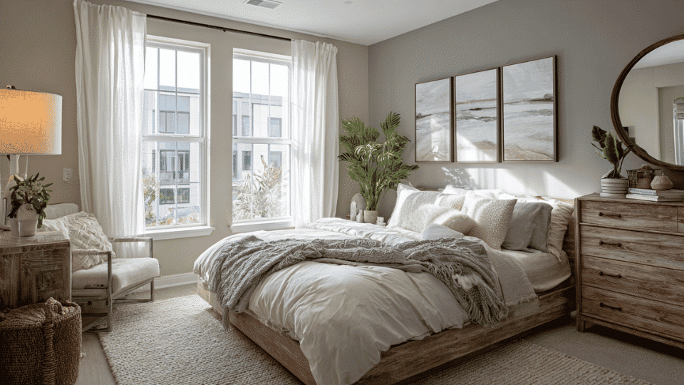 Bright bedroom with tall furniture placed away from the windows
