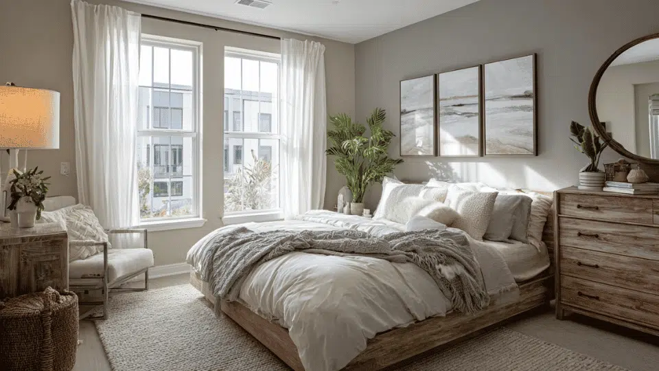 Bright bedroom with tall furniture placed away from the windows