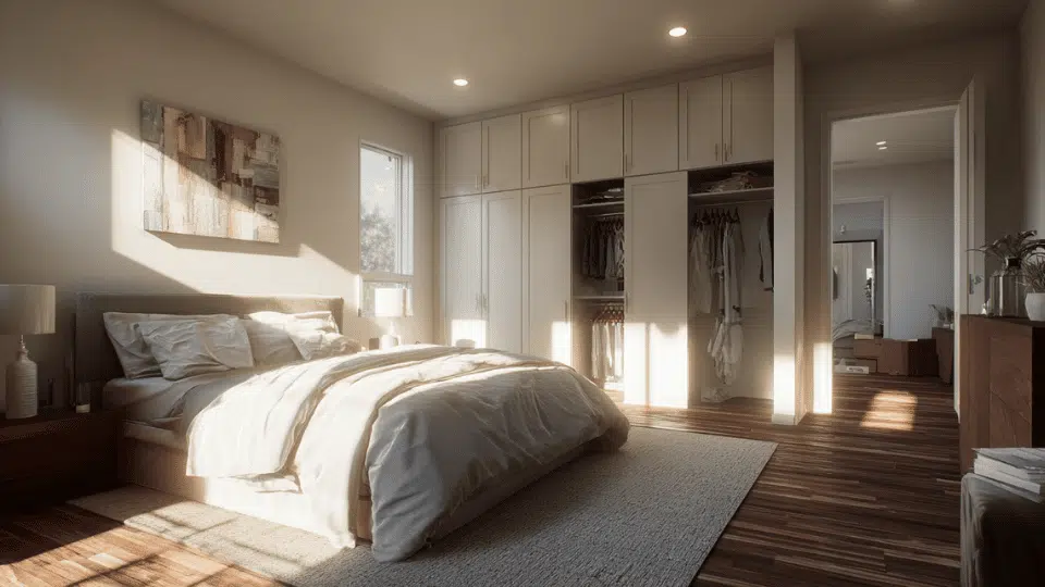 Bedroom with open walkways and uncluttered furniture arrangement