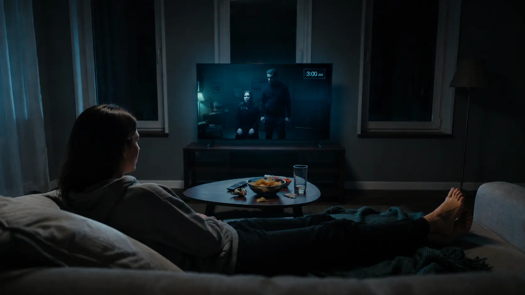 Woman lying on couch at night watching TV at 3am with snacks and drink on table in dim living room, late night relaxed posture