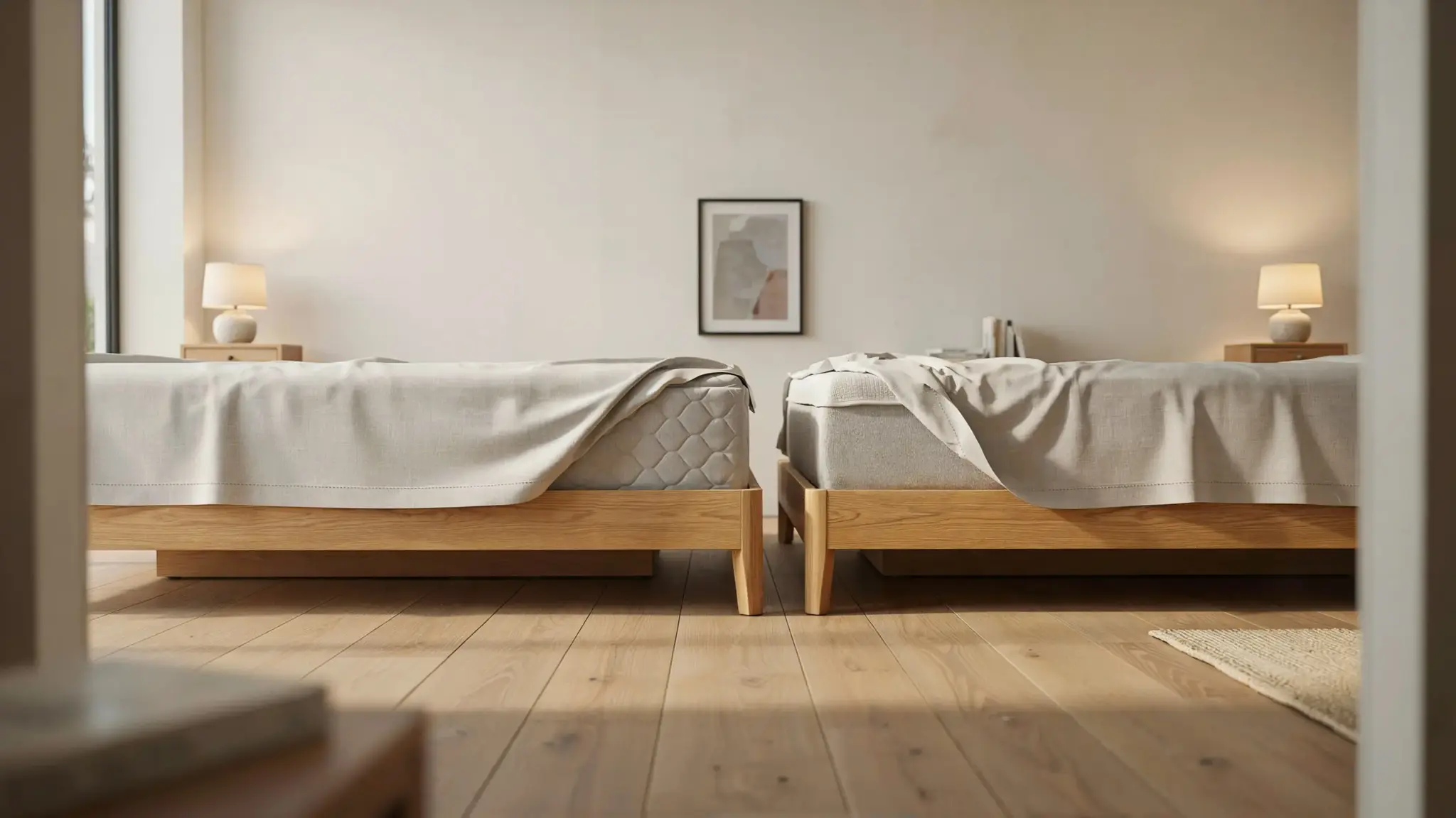 Side-by-side view of two wooden beds in a minimalist bedroom comparing a mattress pad and foam topper for comfort