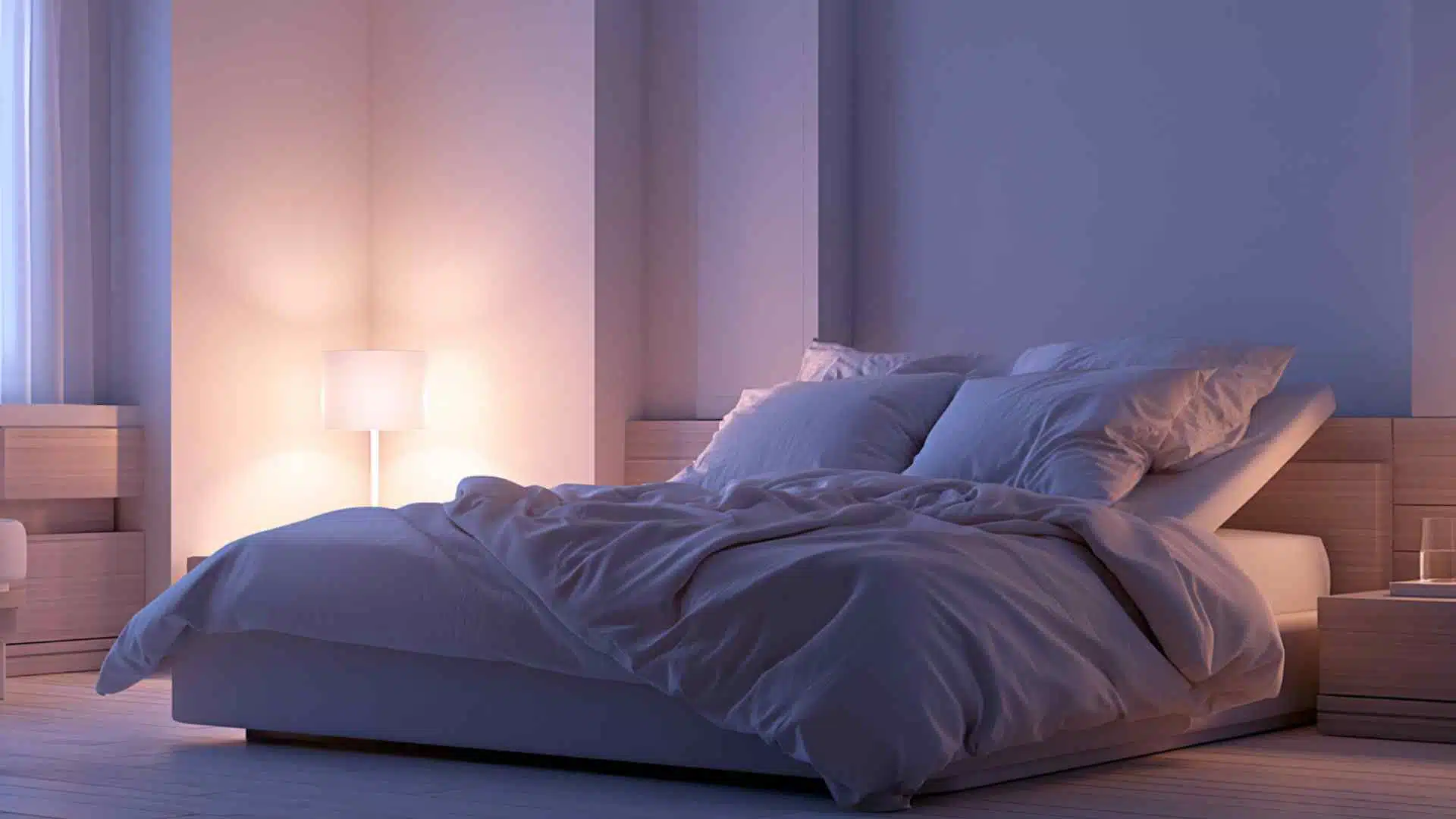 Bright nighttime bedroom with a raised bed using wedge pillow, soft lamp light, glass of water and book, calm sleep setup