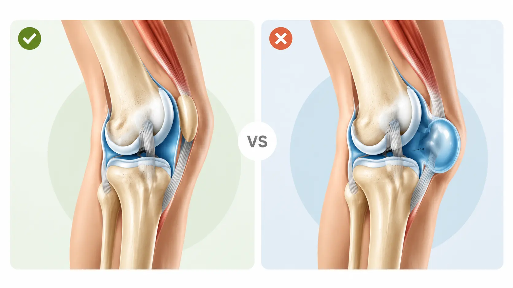 Side-by-side medical illustration showing a normal knee joint compared to a knee with a Baker’s cyst causing swelling at the back of the knee.