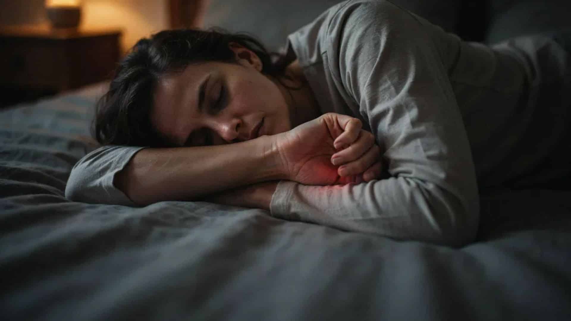 Side sleeping posture with bent wrist under pillow showing red nerve pressure causing hand numbness at night