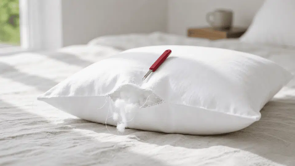 Pillow seam being unstitched with seam ripper, loose threads visible on bed.