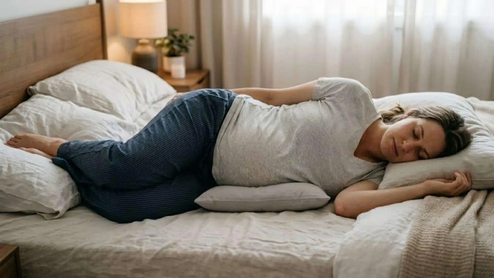 Pregnant woman sleeping on her side with a flat pillow tucked under her belly on a linen bed