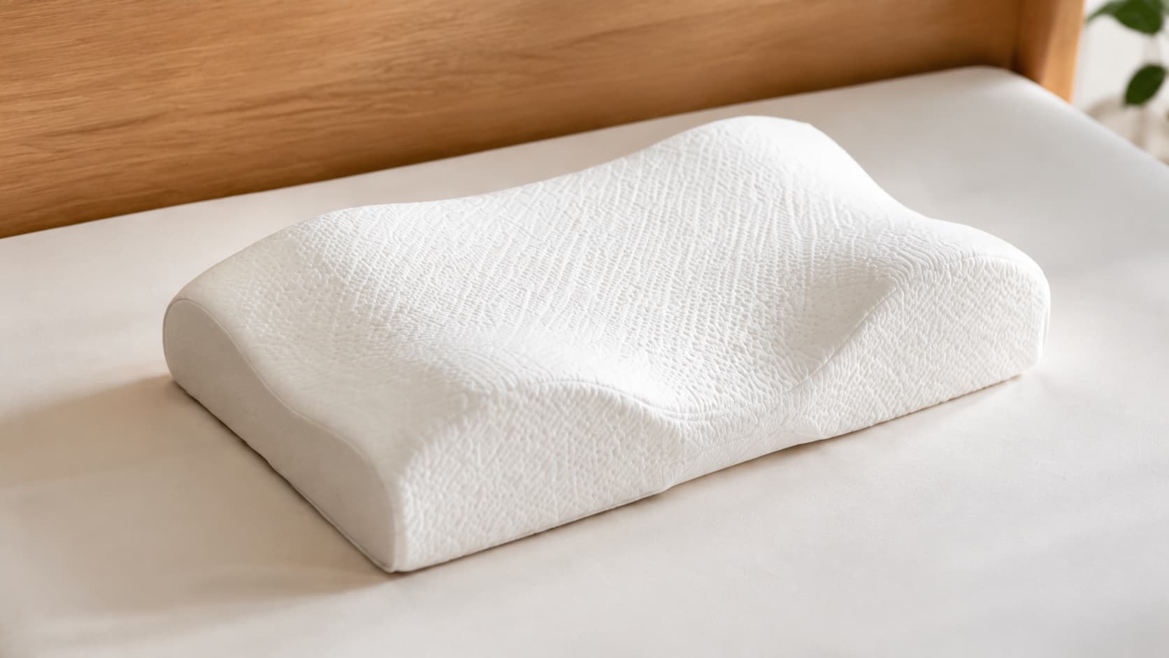 White ergonomic memory foam cervical pillow on bed in minimalist bedroom, soft natural lighting.
