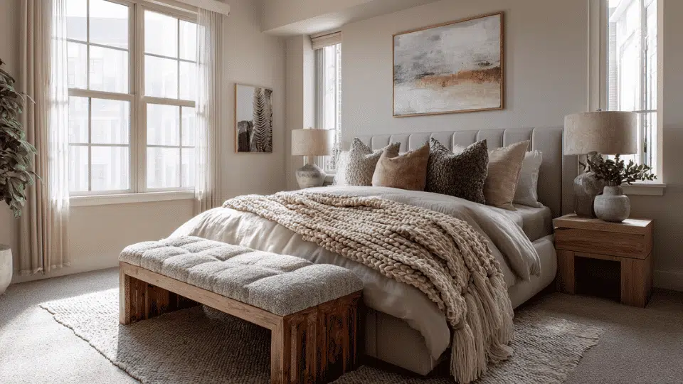 Cozy bedroom with upholstered bench placed at the foot of the bed