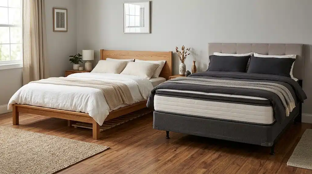 Platform bed with wooden frame next to a bed with box spring foundation, showing the height and support difference side by side.