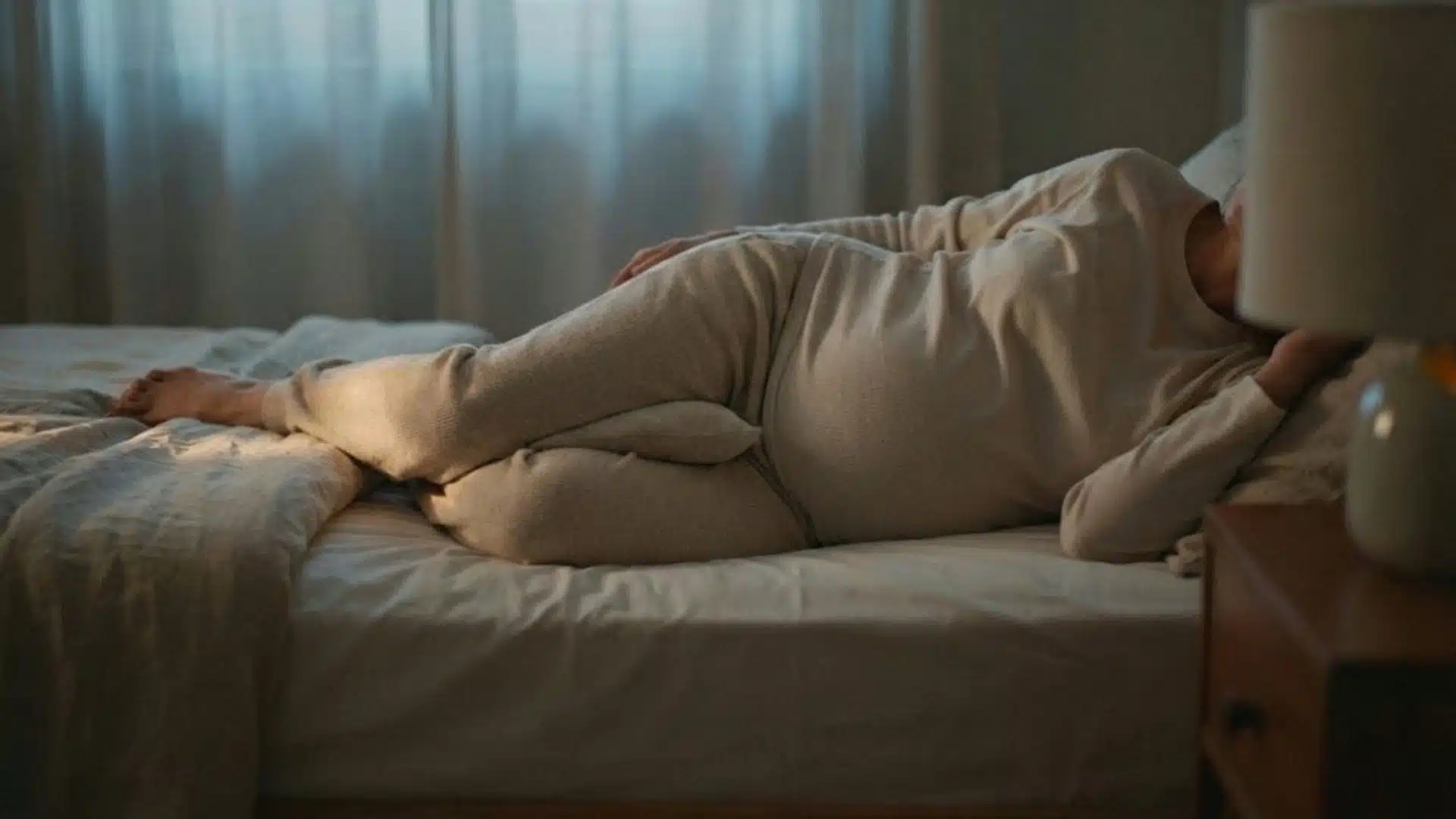 Pregnant woman sleeping on left side with pillow between knees for support