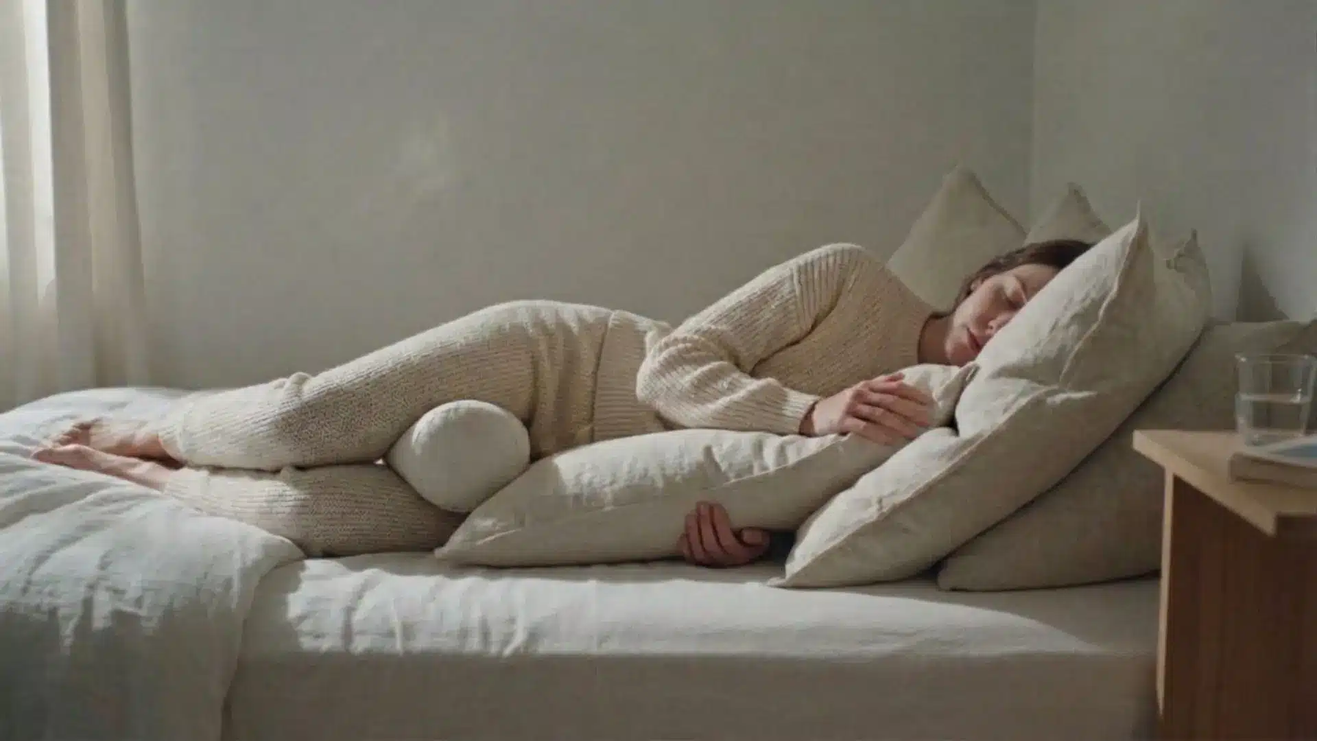 Woman lying on her left side with knee pillow and body pillow setup for comfortable sleep alignment.