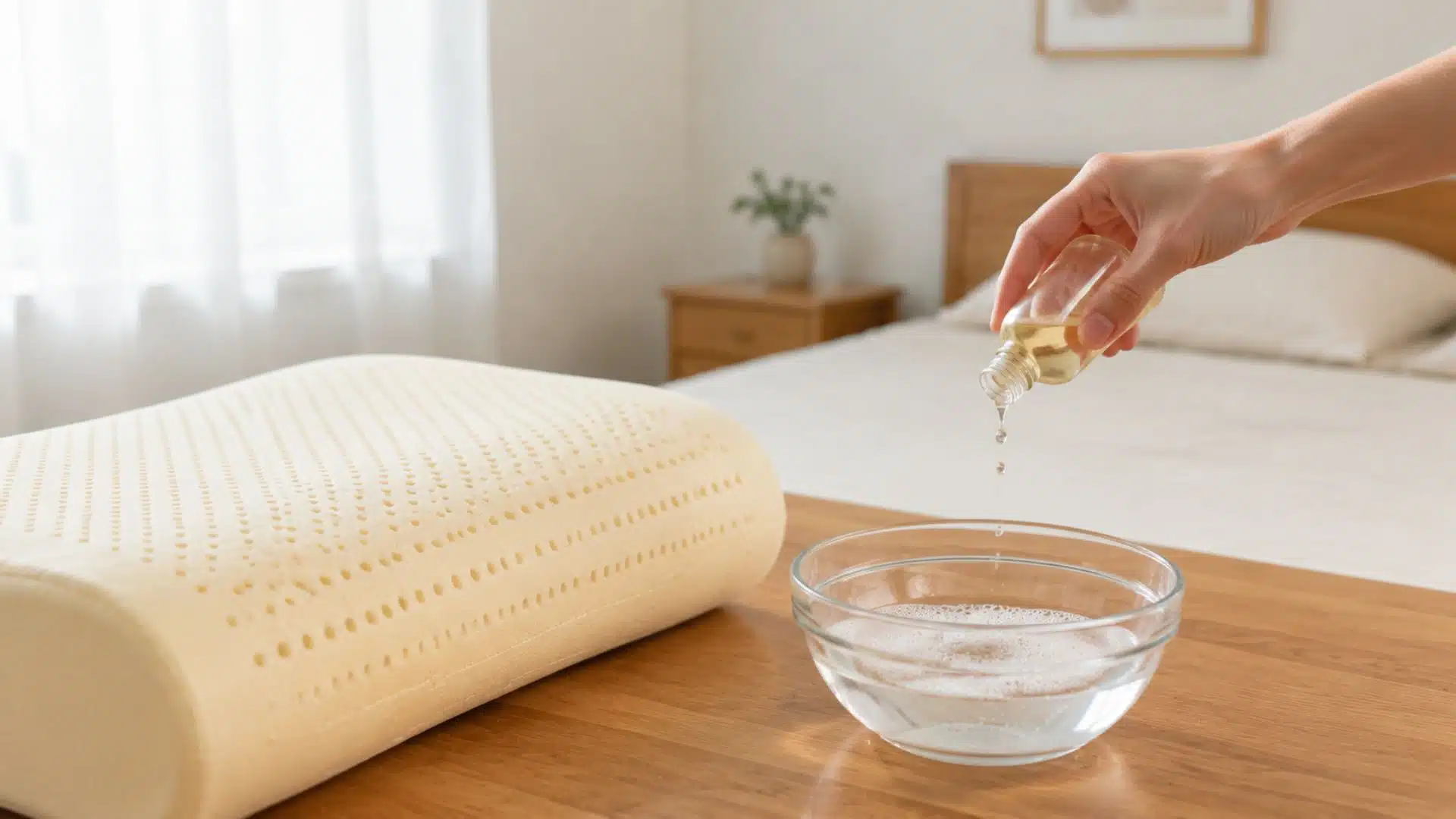 Make mild cleaning solution: glass bowl water soap, pouring, beige memory pillow, wooden table