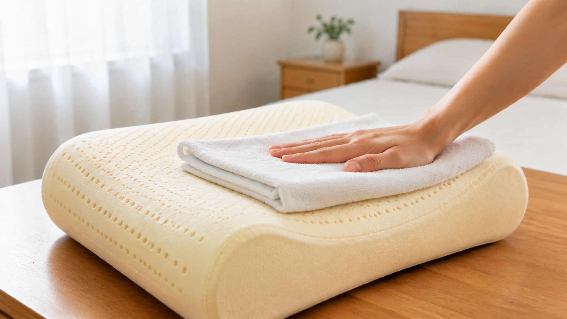 Press out excess moisture: towel pressed on pillow to absorb water, wooden table