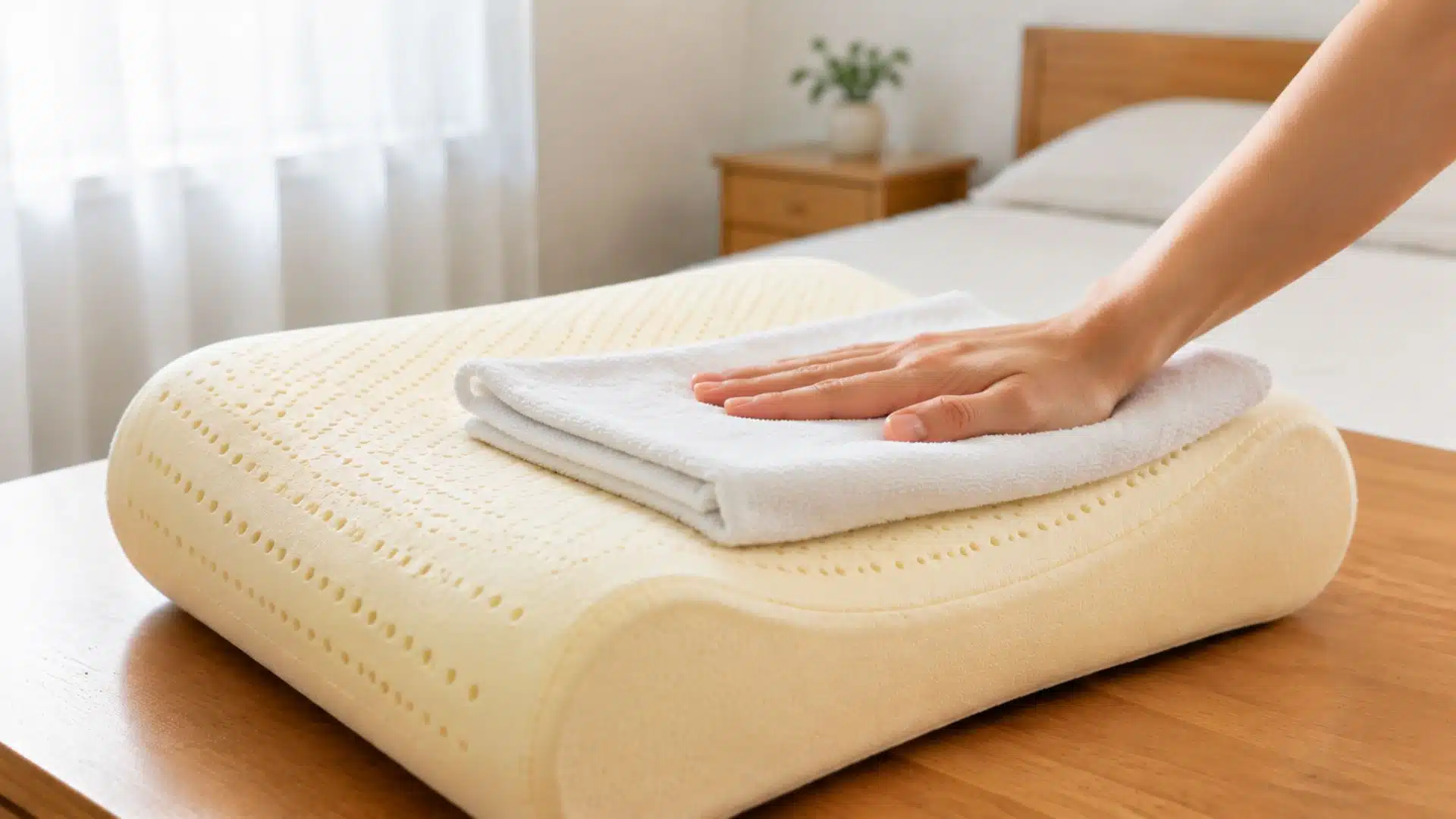 Press out excess moisture: towel pressed on pillow to absorb water, wooden table