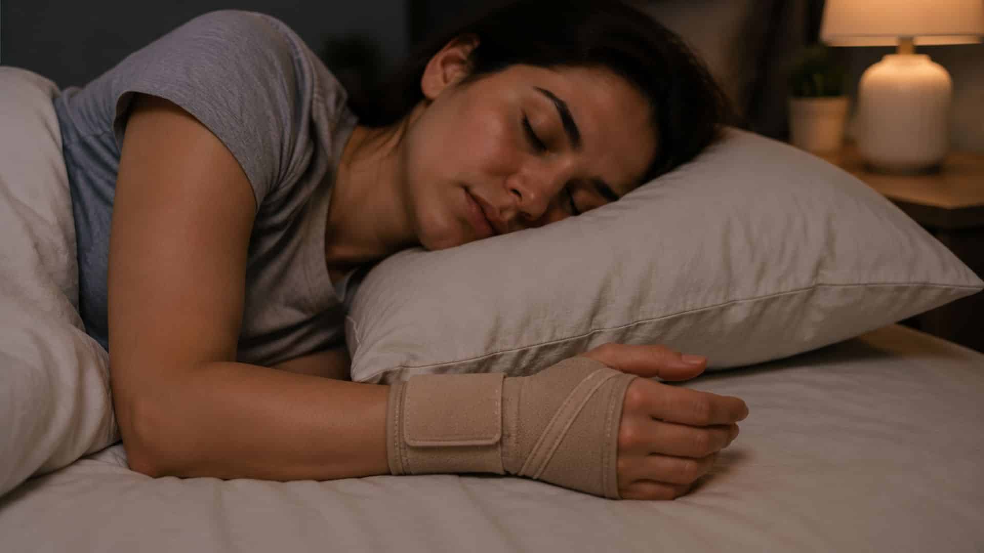 Woman sleeping on side with wrist brace showing hand support for nighttime numbness relief in cozy bedroom