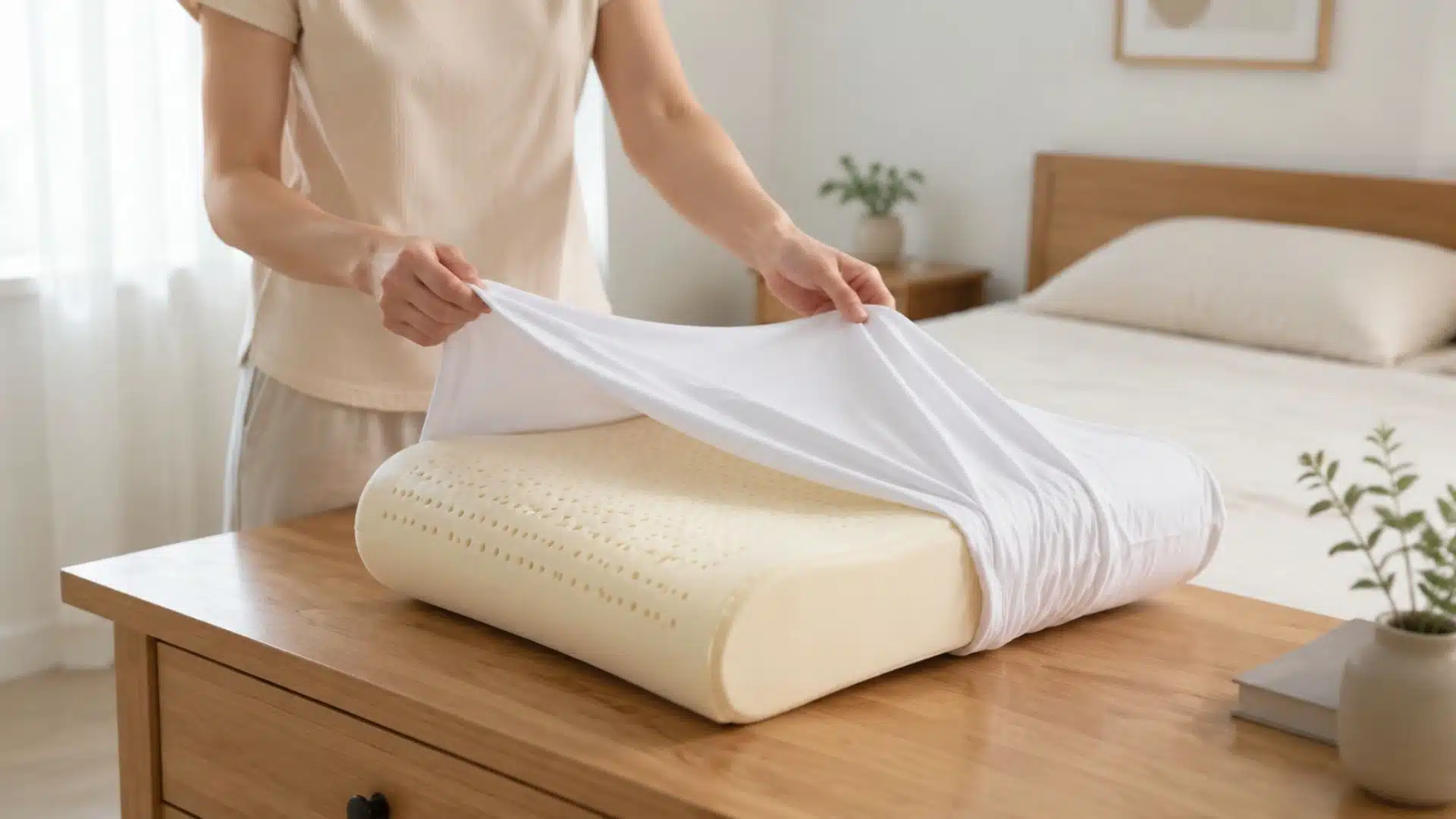 Remove pillow cover: person taking white cover off beige memory foam pillow, wooden table