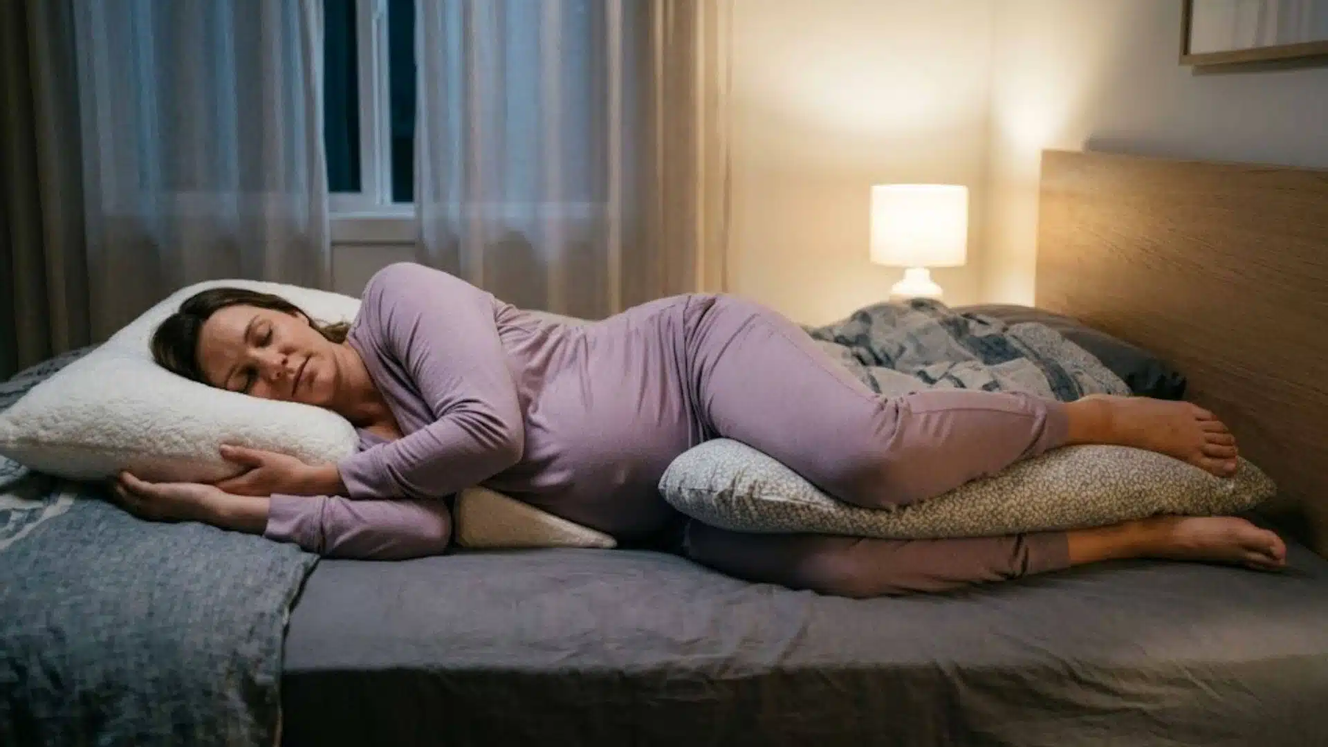 Pregnant woman sleeping on her right side with a wedge pillow and body pillow support in a dimly lit bedroom