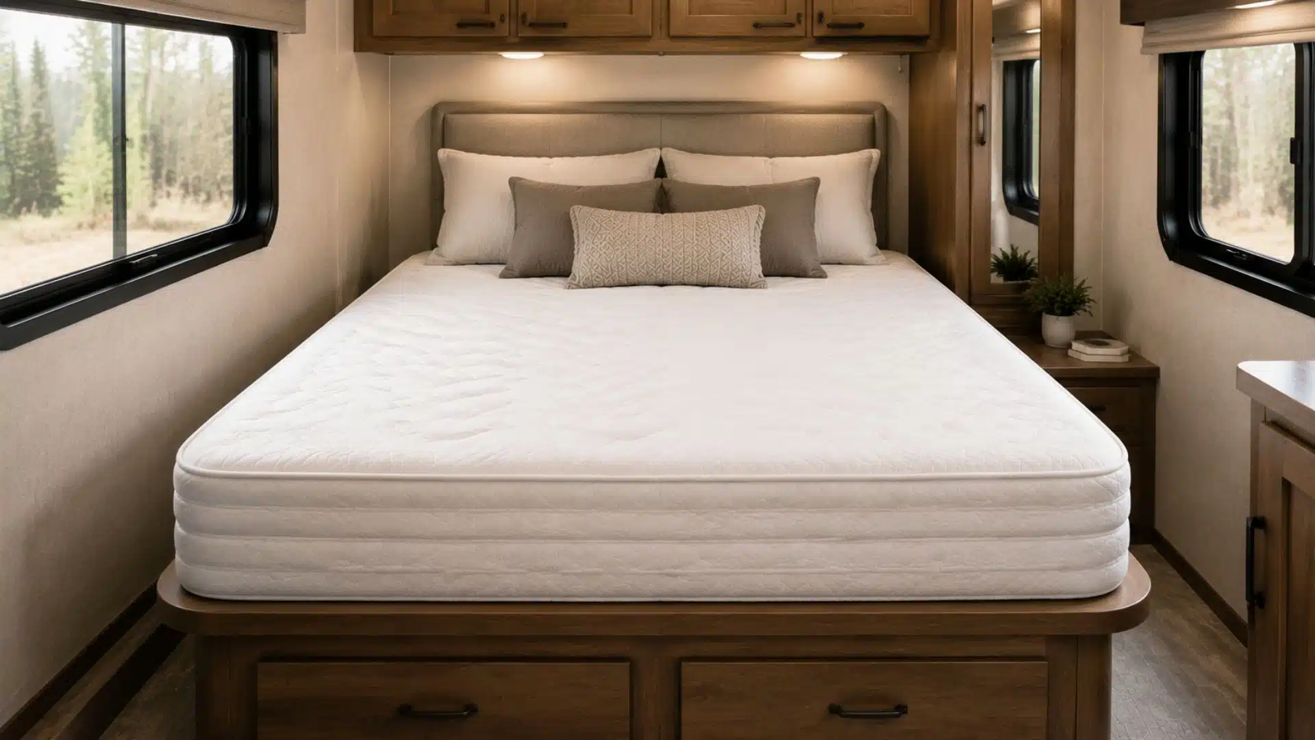 Bright cozy RV bedroom featuring a queen size mattress on wooden platform with natural light, minimal decor, warm neutral tones and storage underneath.