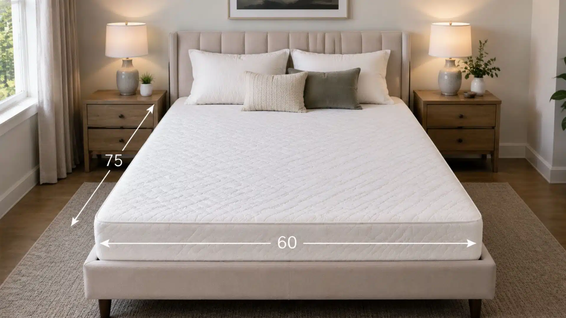 Modern bedroom with neatly made queen mattress showing dimension overlay 60 x 75 inches, wooden nightstands, lamps