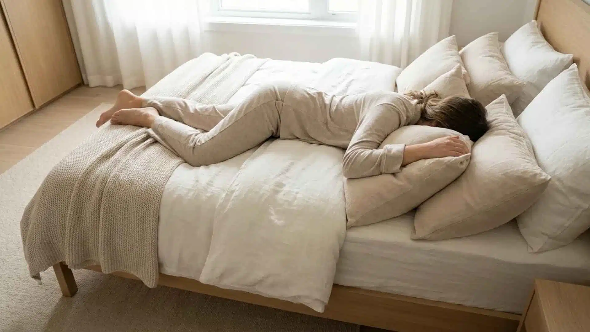 Modified stomach sleep with pillows supporting chest and arm to reduce shoulder strain and pressure at night.