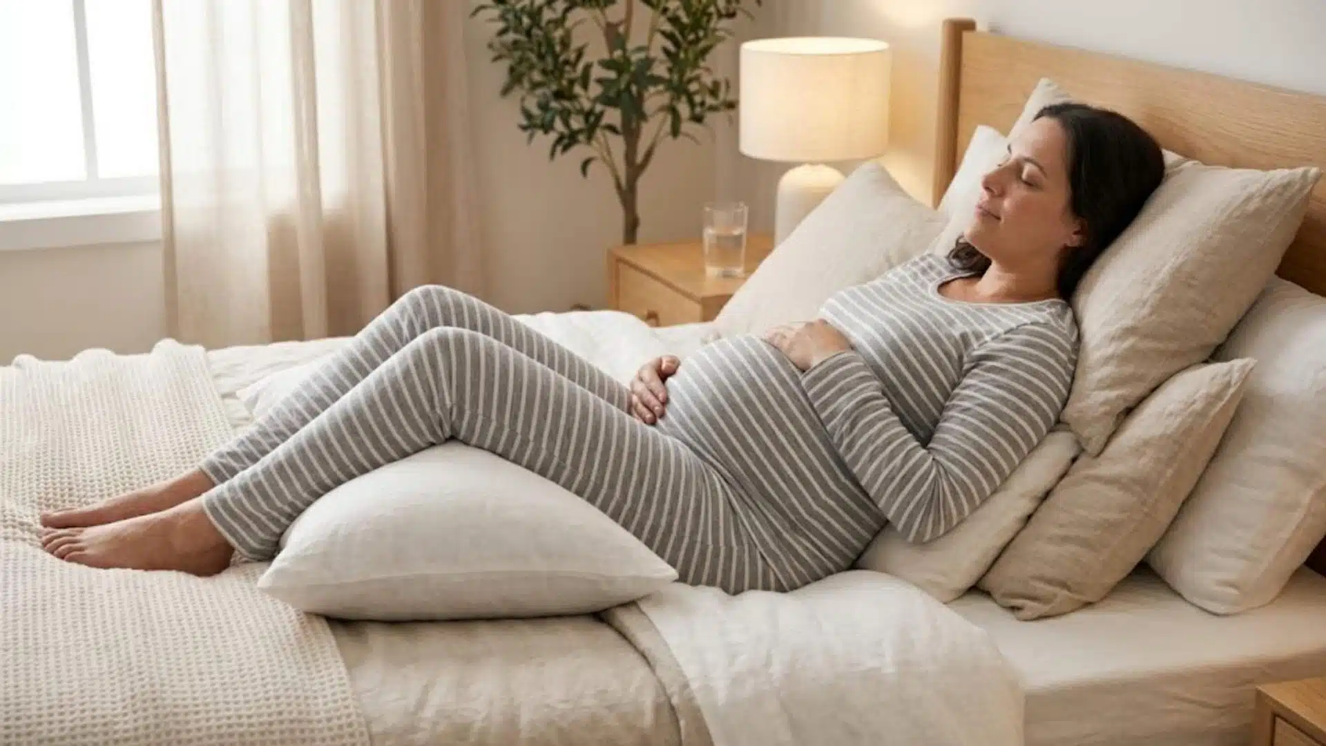Pregnant woman resting in a semi-reclined position supported by multiple pillows on a neutral bed