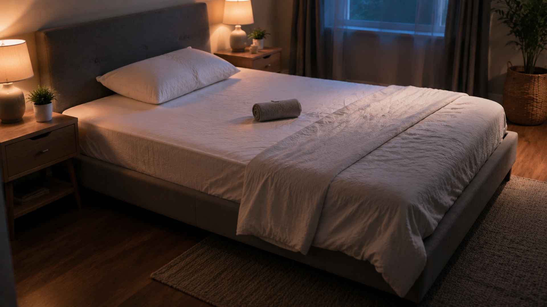 Cozy bedroom setup with calm lighting and neat bed