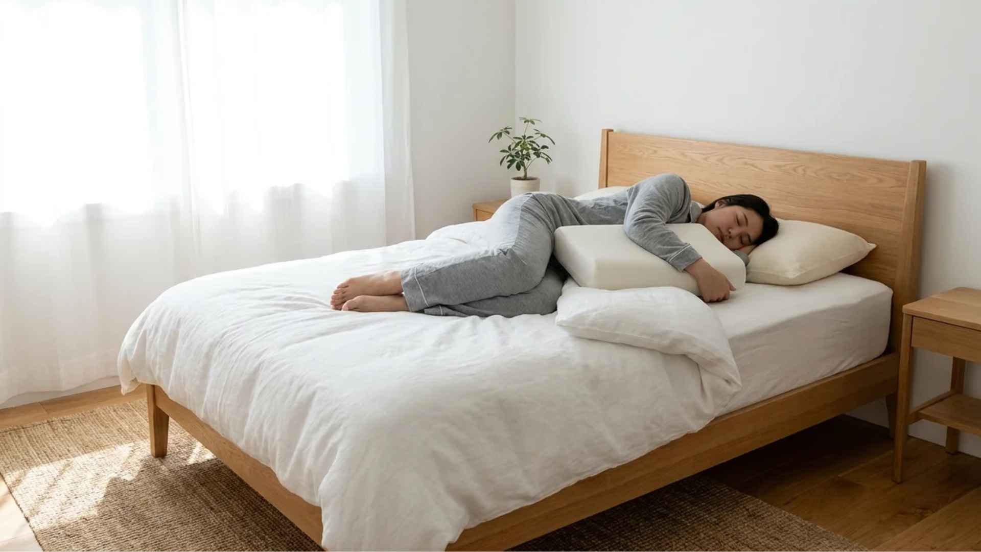 Side sleeping on unaffected shoulder with arm supported by pillow reducing pressure on painful shoulder joint.