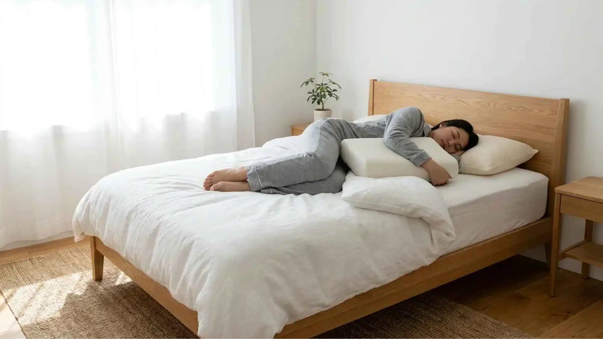 Side sleeping on unaffected shoulder with arm supported by pillow reducing pressure on painful shoulder joint.