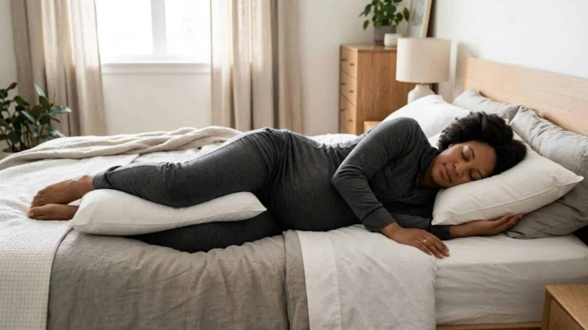 Pregnant woman sleeping on her left side with a pillow between her legs on a neutral gray bed