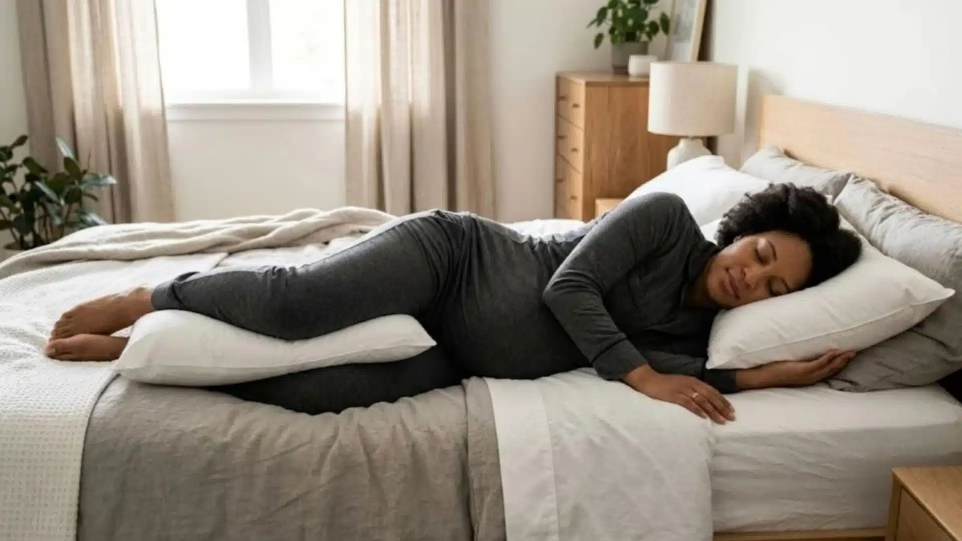 Pregnant woman sleeping on her left side with a pillow between her legs on a neutral gray bed