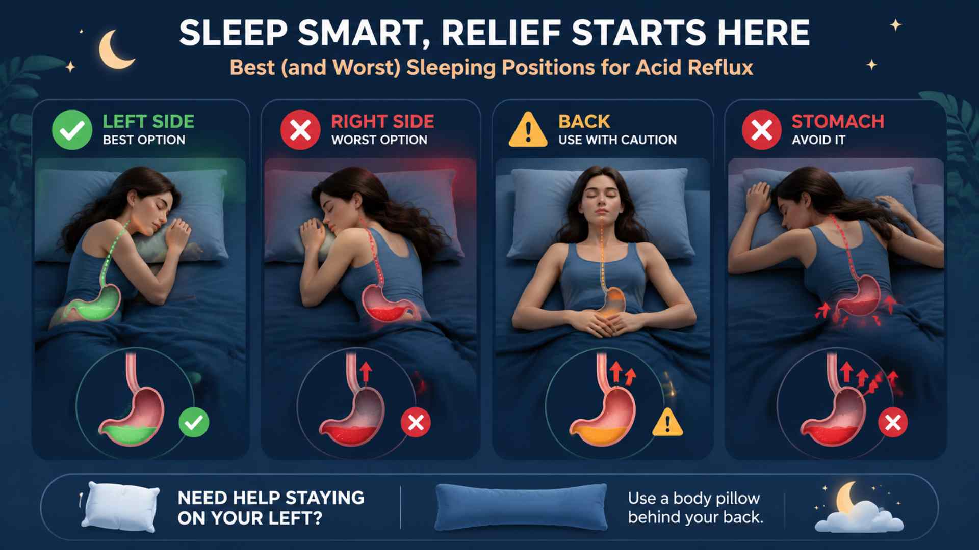 Infographic comparing acid reflux sleeping positions: left side best, right side and stomach worse, back needs a raised bed