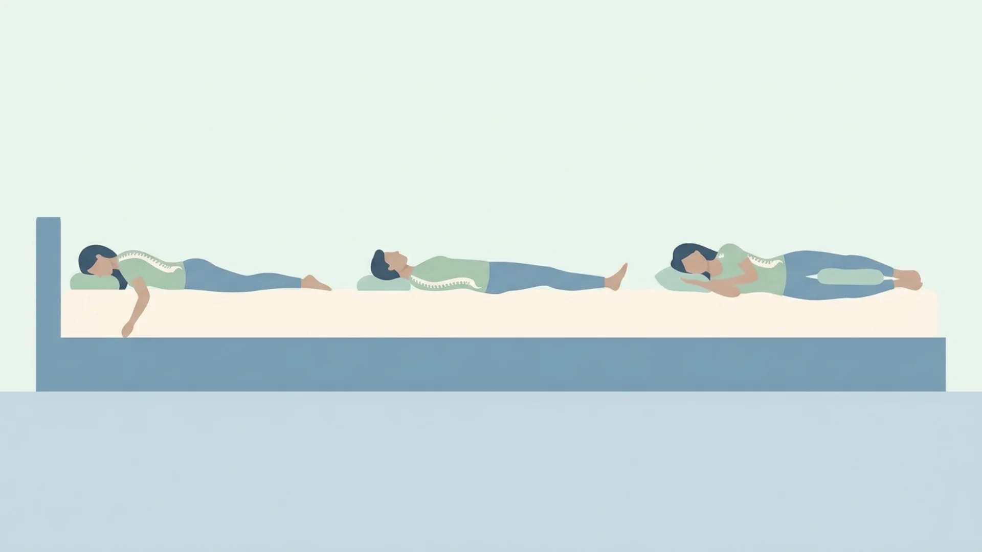 Diagram comparing back, side, and stomach sleeping positions and their effect on spinal alignment.