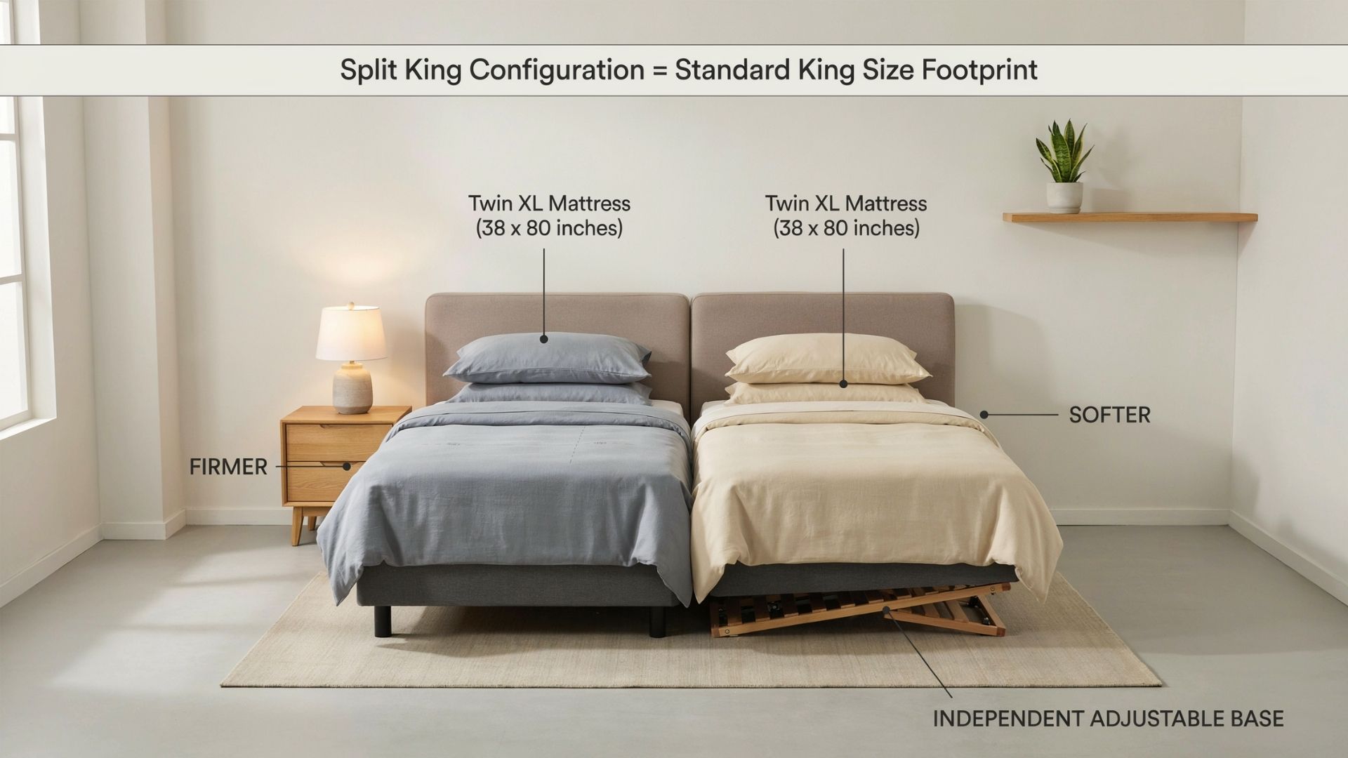 Split king bed configuration showing two 38x80 Twin XL mattresses with adjustable base