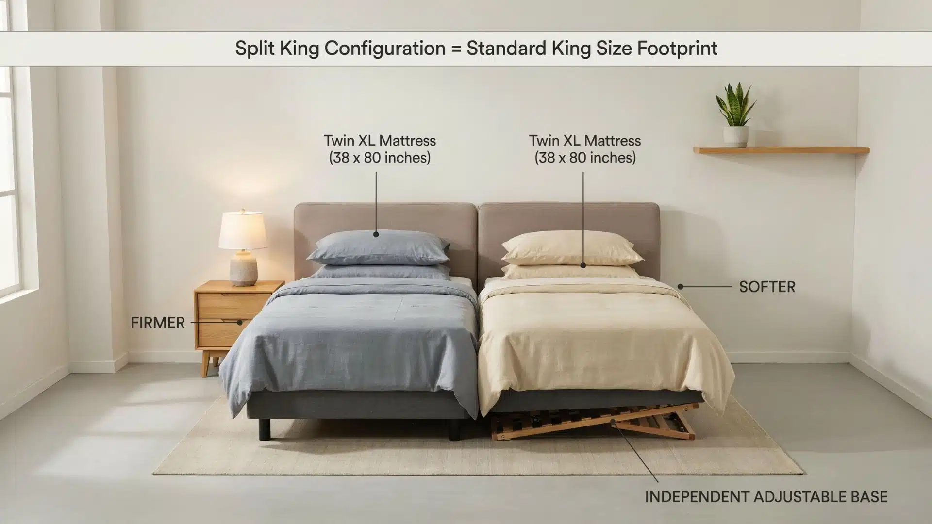Split king bed configuration showing two 38x80 Twin XL mattresses with adjustable base