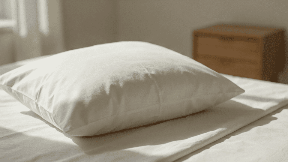 Fully filled pillow closed, evenly shaped and resting neatly on bed.