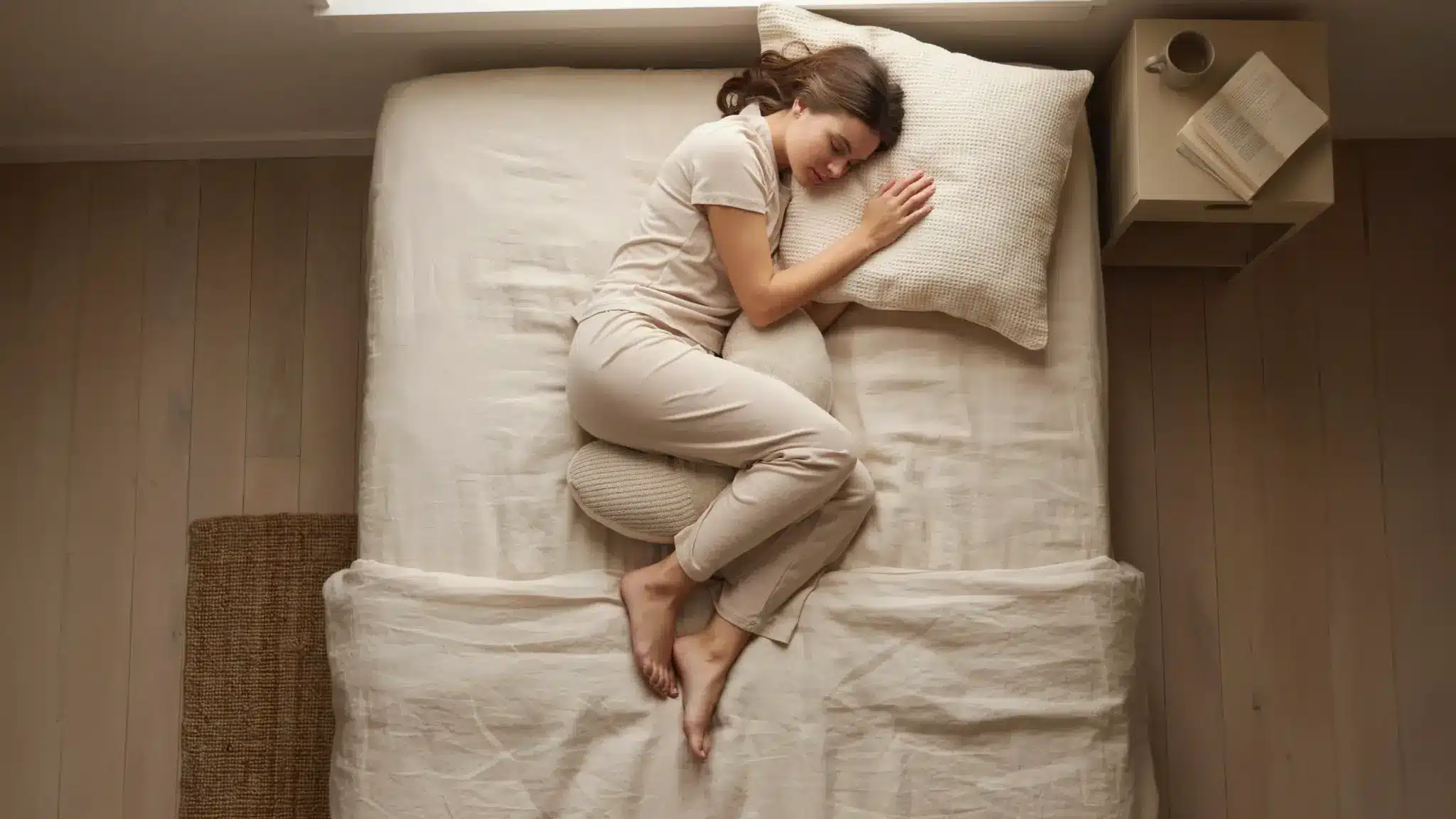 Supported fetal sleeping position with pillow between knees, side-lying posture, gentle bend in legs, neutral spine alignment on soft bed, top-down view (1)