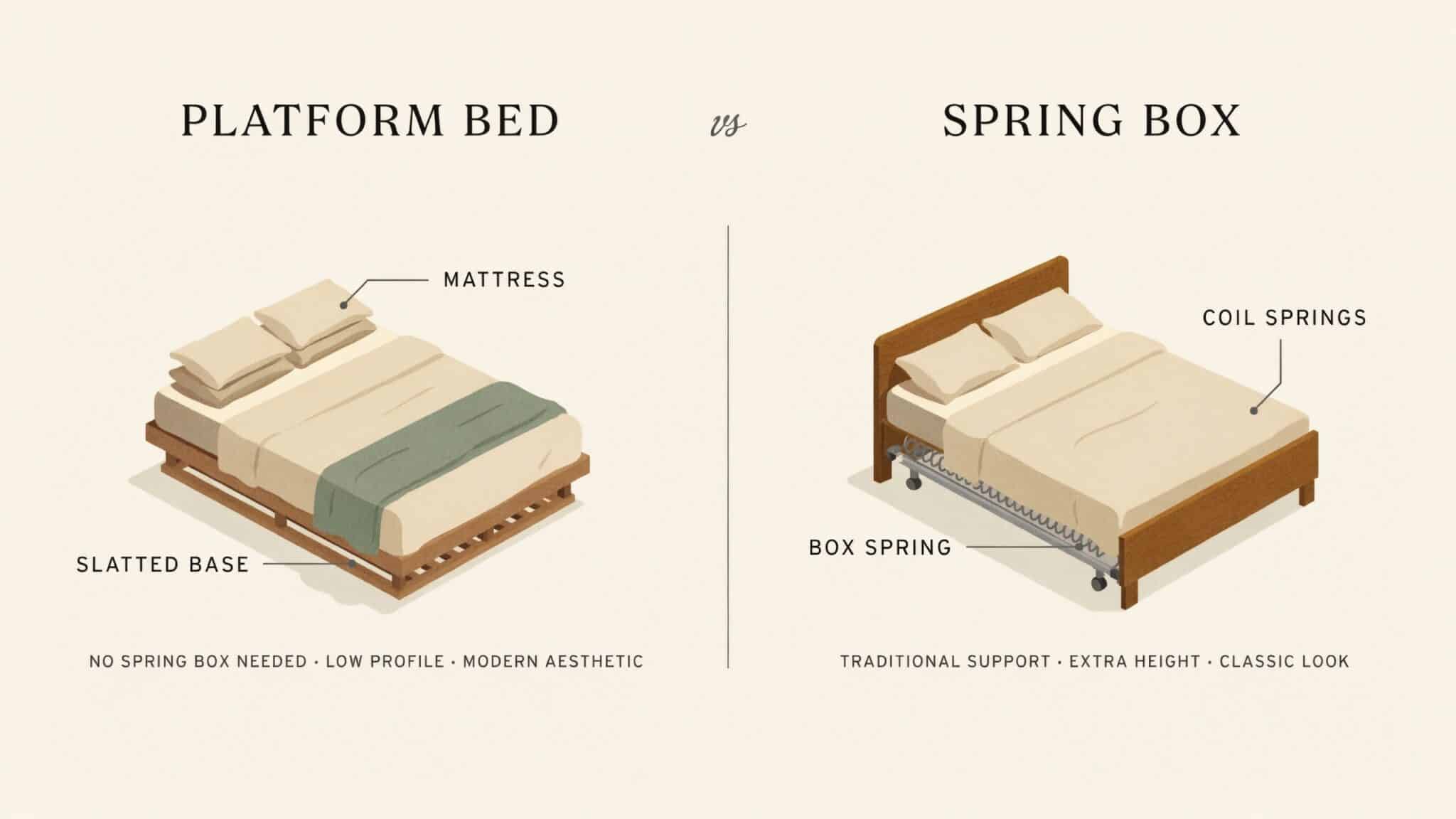 Split infographic comparing platform bed vs box spring, listing who fits each option best, with bed illustrations below