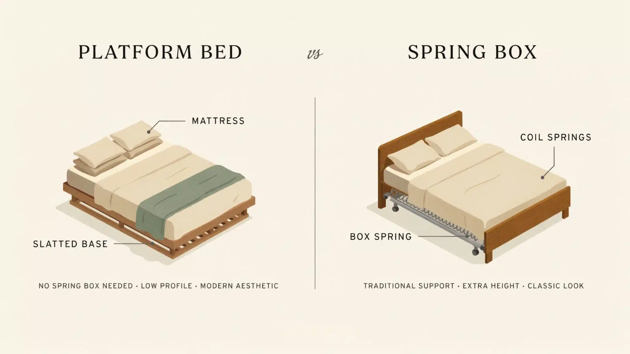 Split infographic comparing platform bed vs box spring, listing who fits each option best, with bed illustrations below