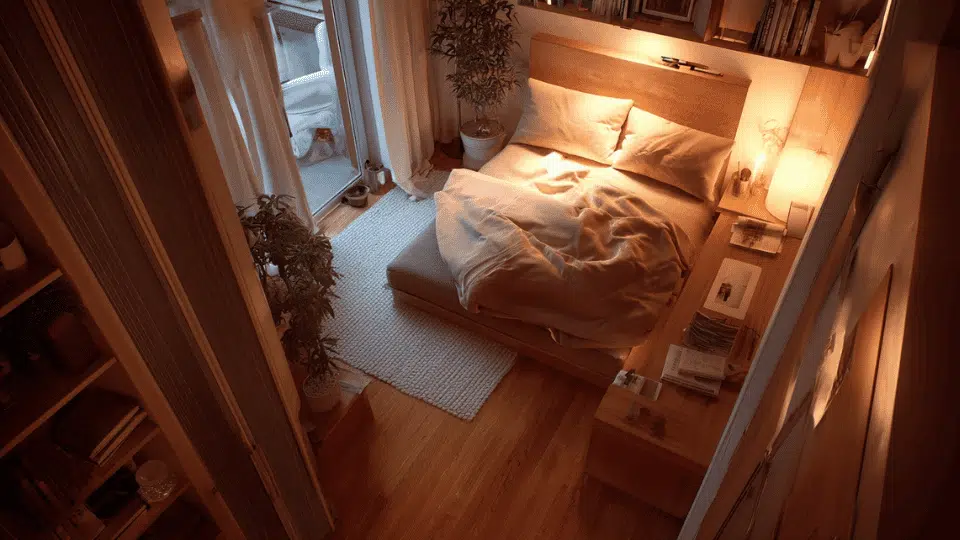 Small bedroom with bed placed in the corner to save floor space