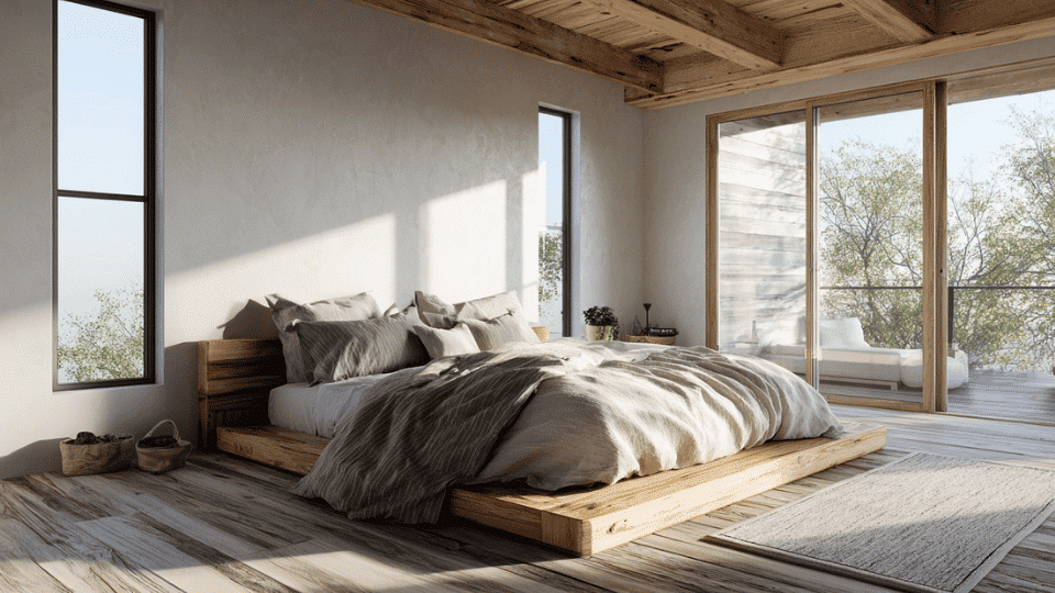 Modern bedroom with low-profile bed frame and airy minimalist design