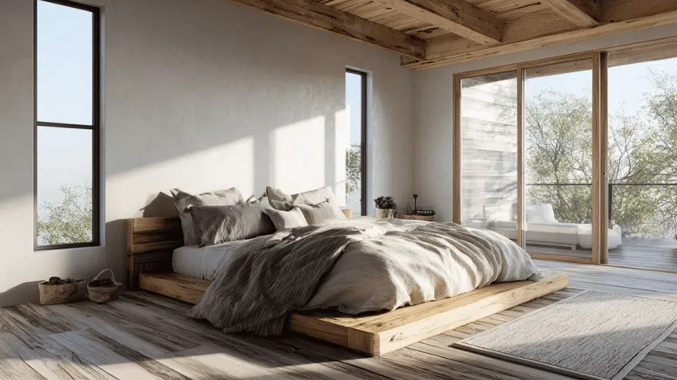 Modern bedroom with low-profile bed frame and airy minimalist design