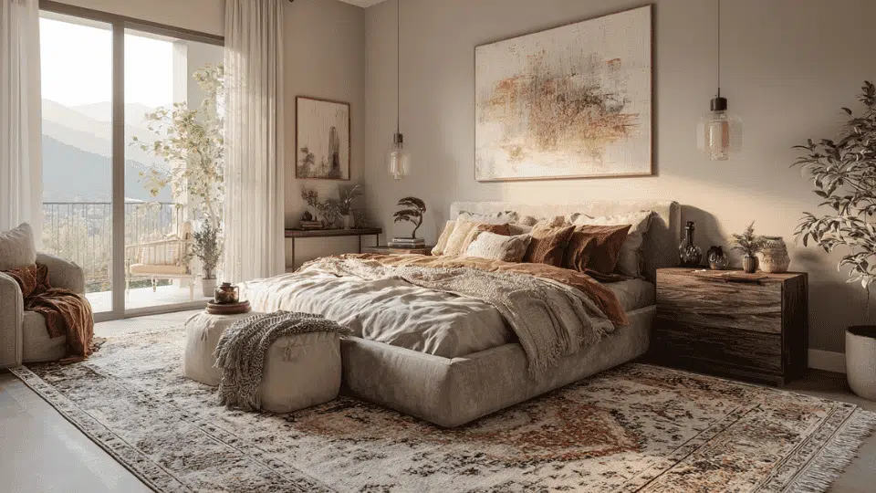 Bedroom with large rug placed under the bed and nightstands