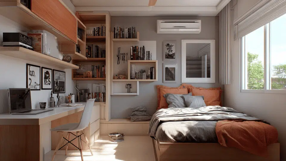 Small bedroom with vertical storage and wall-mounted shelving units