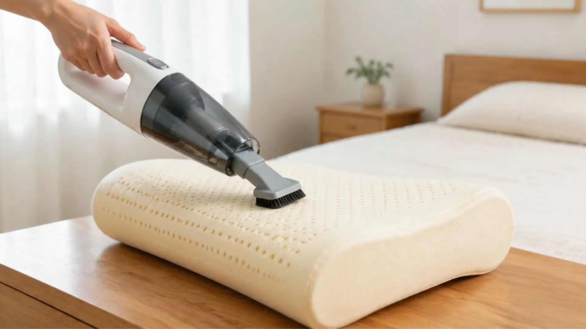 Vacuum surface dust and debris: vacuum beige memory foam pillow, wooden table