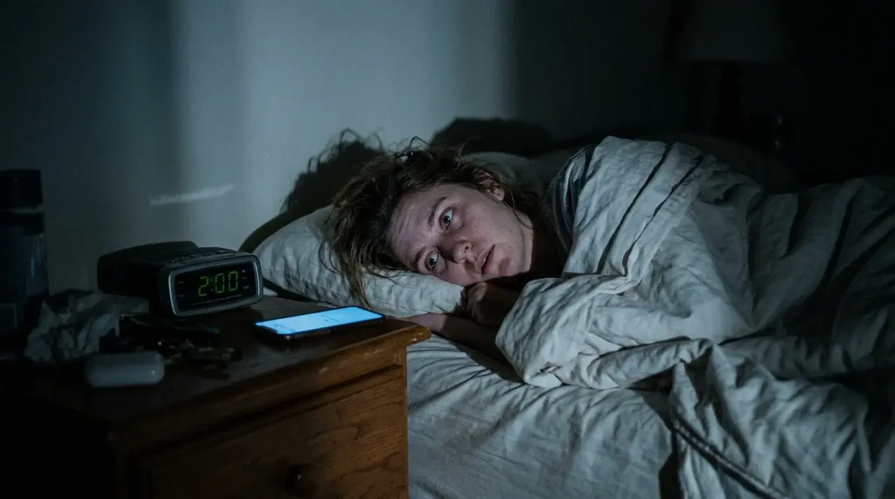 Woman lying awake in bed at 2am staring ahead with a glowing phone and clock on the nightstand beside her.