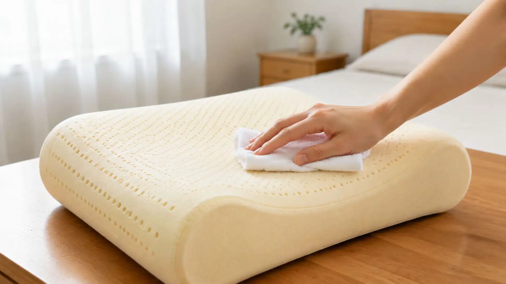 Wipe with a damp cloth: hand wiping pillow surface with damp cloth, minimal bedroom