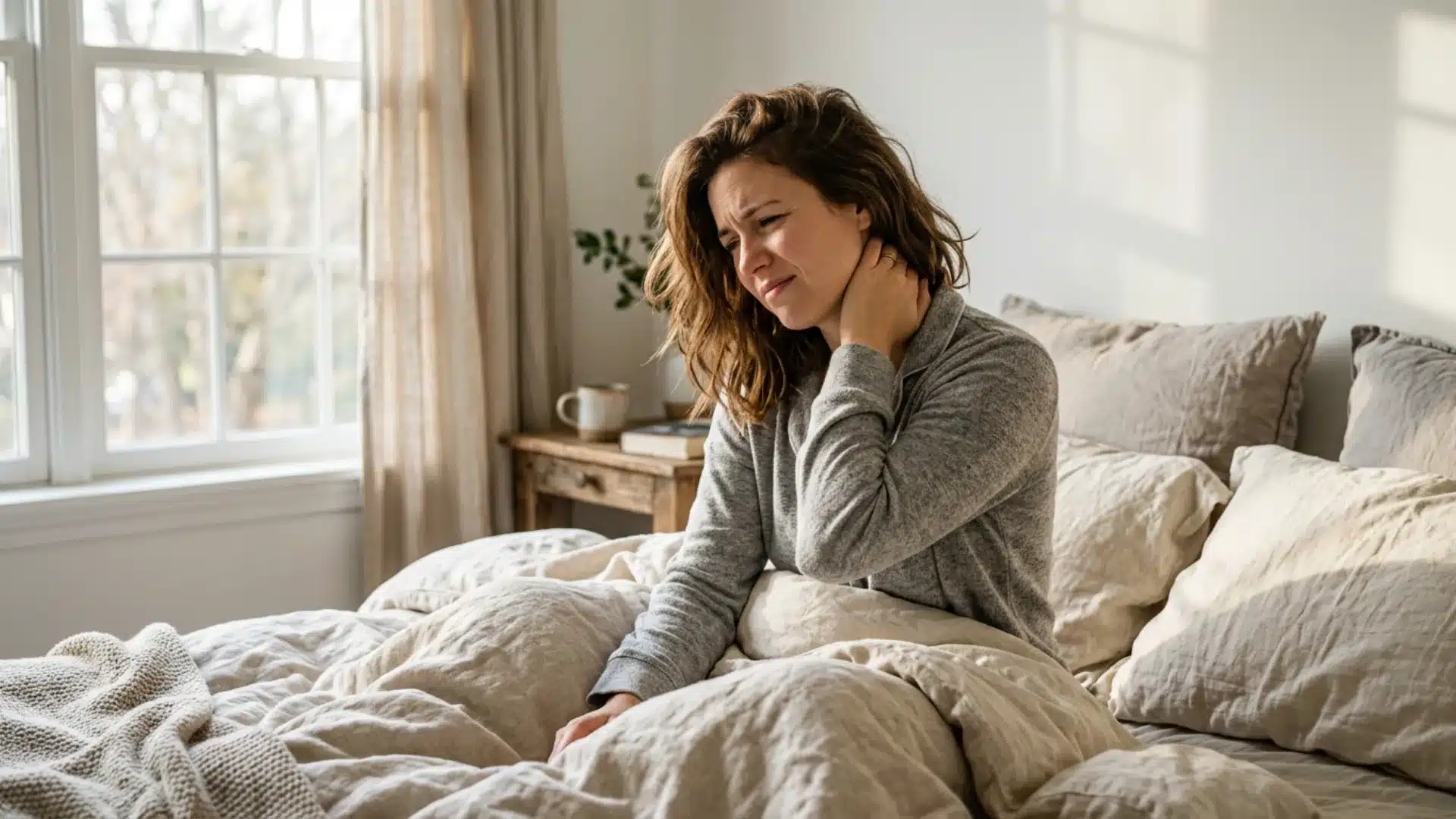 Woman waking up in the morning with neck pain while sitting on bed in a bedroom.