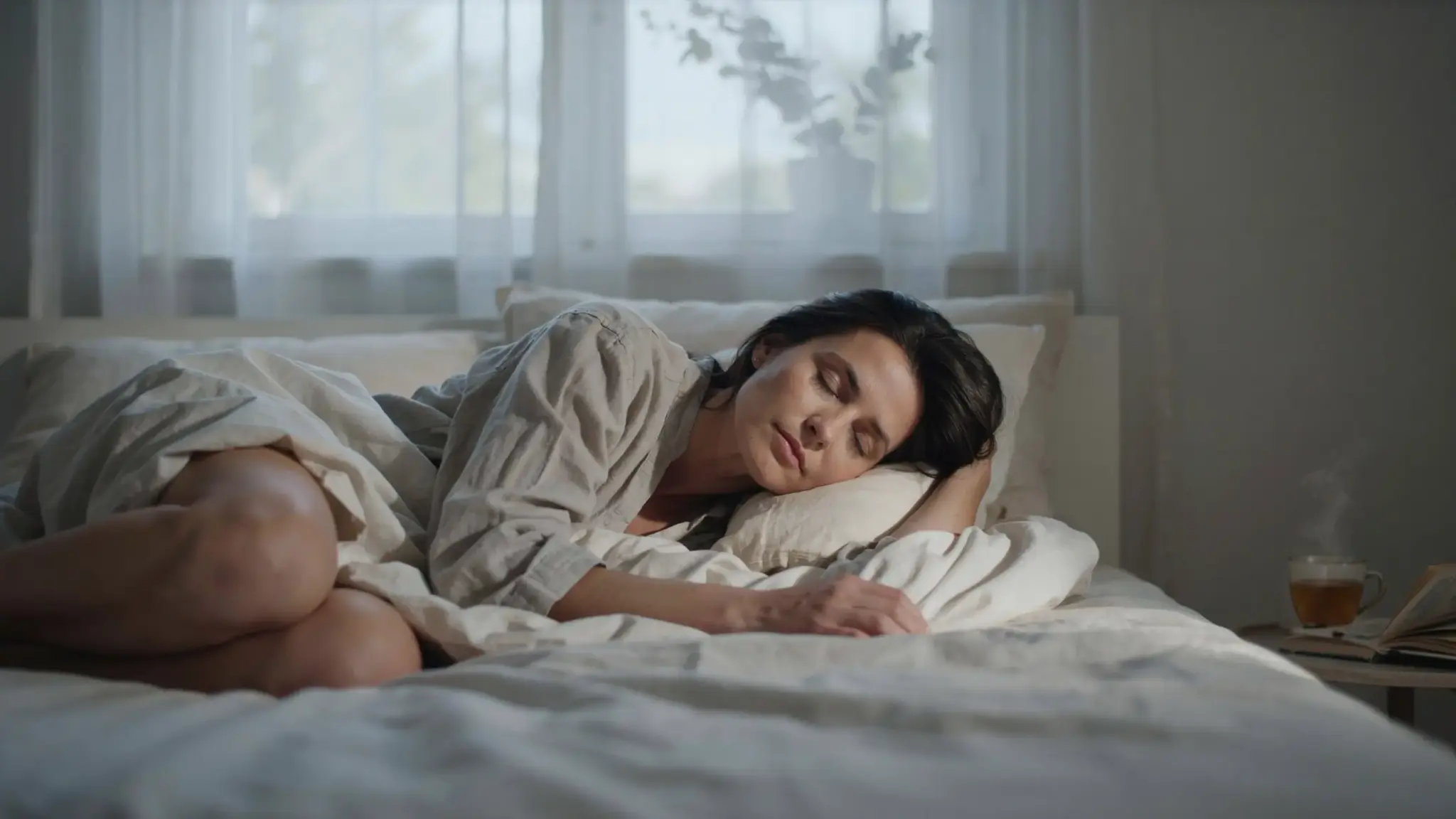 Woman sleeping comfortably on her left side in a bright minimal bedroom