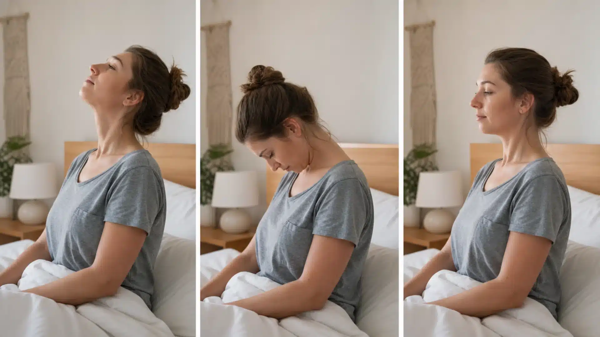 Woman demonstrating gentle neck stretches while sitting on a bed.